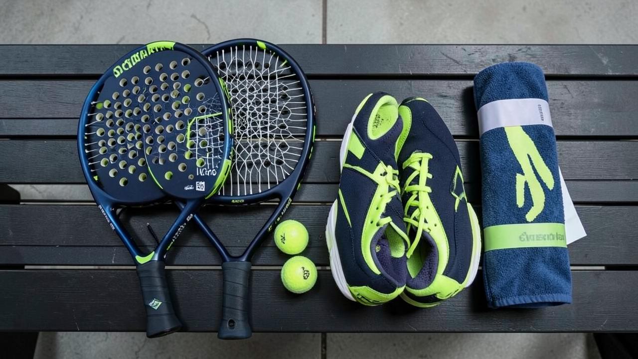 Padel-Schuhe und Ausrüstung liegen bereit auf einer Courtbank