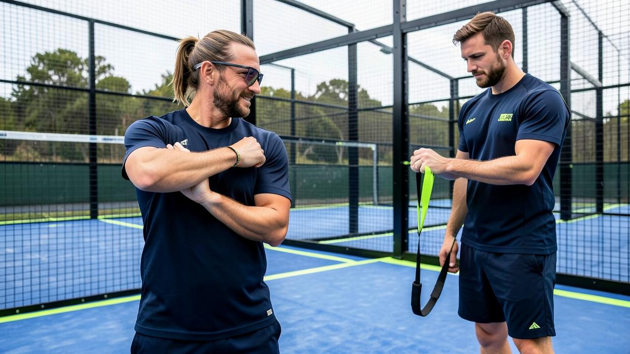 Padel-Spieler aktiviert Schulter und Unterarm mit einem Widerstandsband