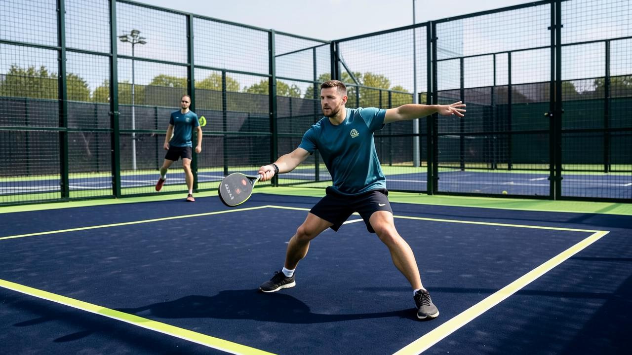 Kinder trainieren mit leichten Schlägern unter Anleitung auf einem Padel-Court