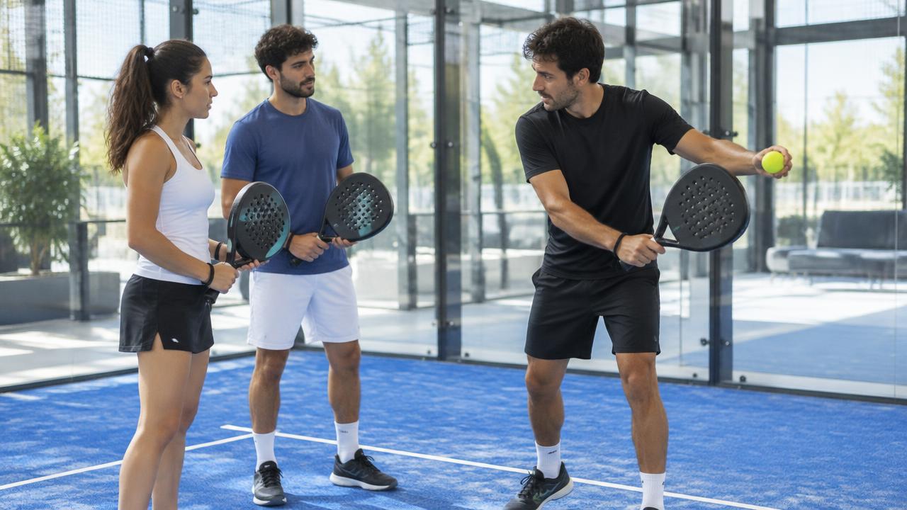 Trainer erklärt zwei Padel-Anfängern die Schlägerhaltung auf dem Platz