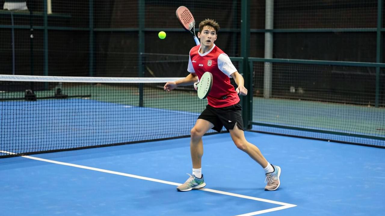 Padel-Spieler bereitet einen Aufschlag von unten hinter der Aufschlaglinie vor