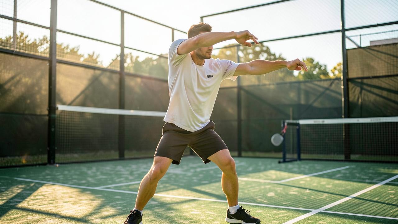 Padel-Spieler wärmt sich mit Armkreisen auf dem Court auf