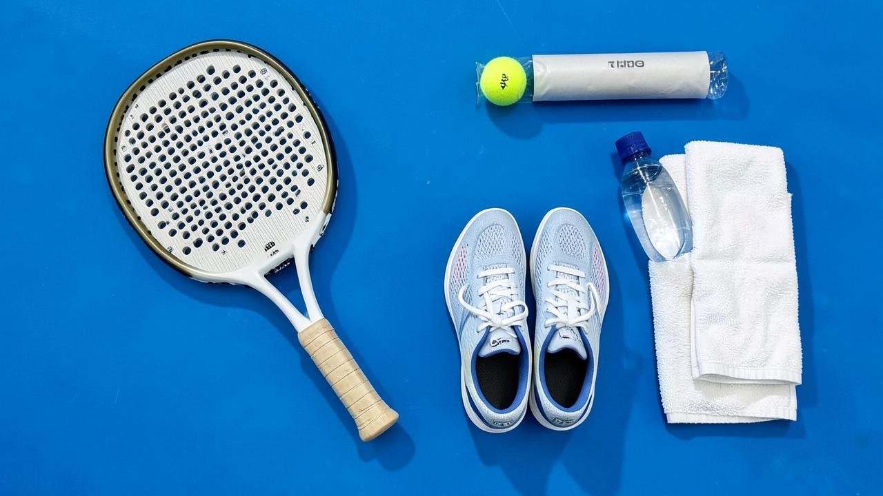 Padel-Ausrüstung für Einsteiger auf blauem Court: Schläger, Schuhe, Balldose, Handtuch und Wasserflasche