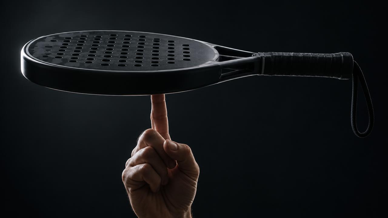Padel-Schläger balanciert waagerecht auf einer Fingerspitze