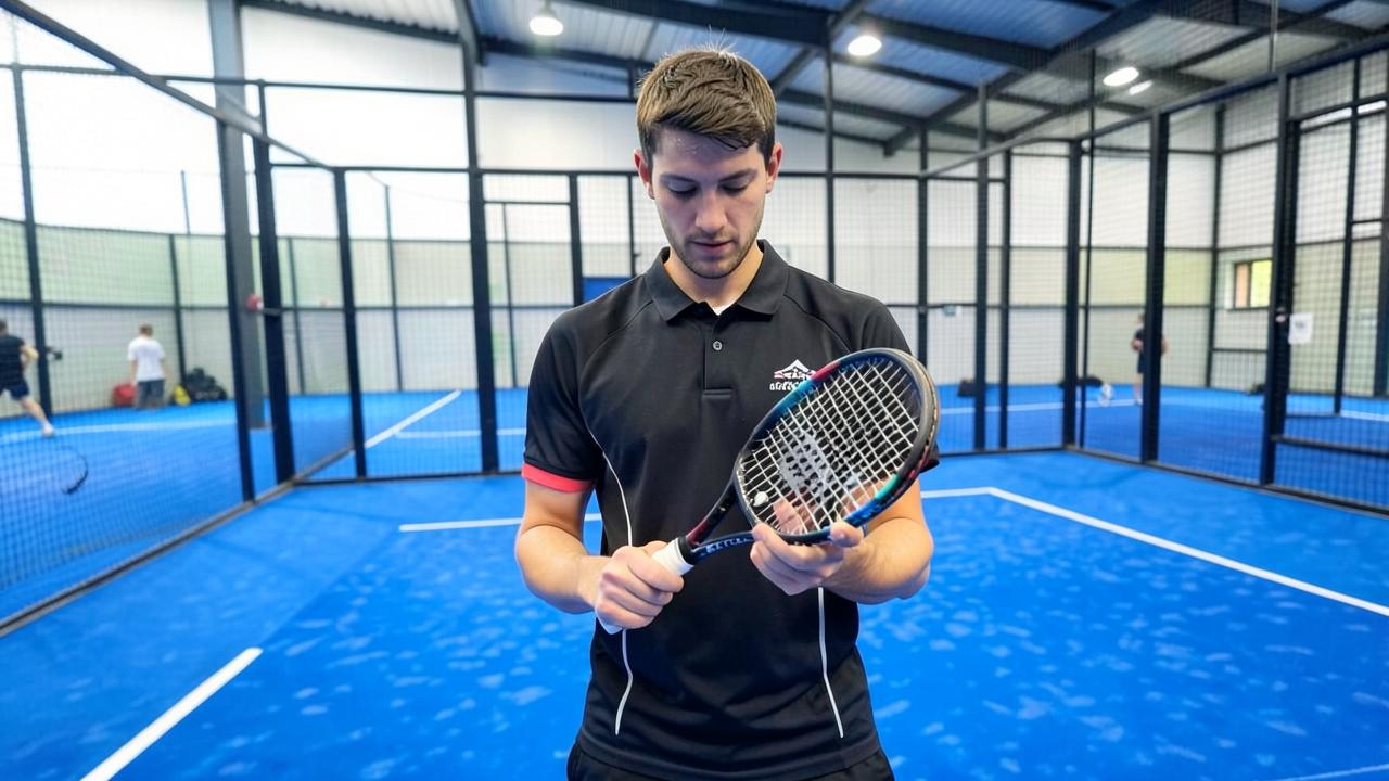 Padel-Spieler prüft in der Halle den Griff seines Schlägers vor der ersten Stunde