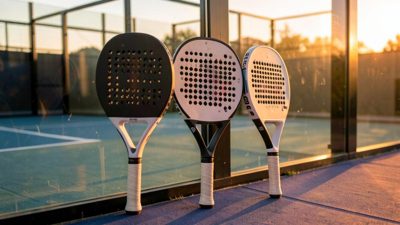 Drei Padel-Schläger lehnen im Abendlicht an der Glaswand eines Courts