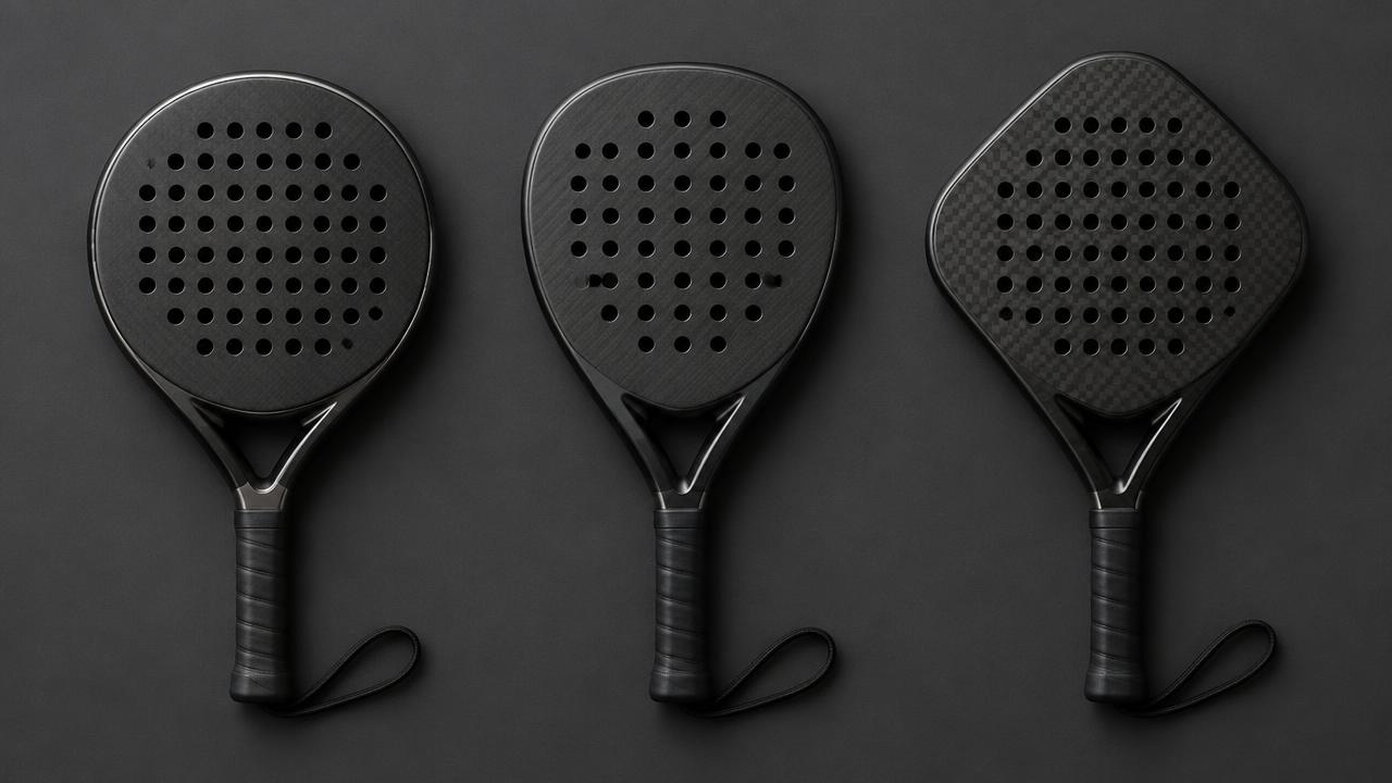 Drei Padel-Schläger nebeneinander in runder, Tropfen- und Diamantform