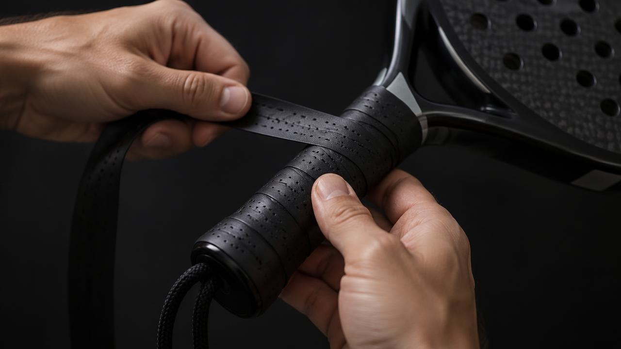 Hände wickeln ein schwarzes Overgrip-Griffband um den Griff eines Padel-Schlägers