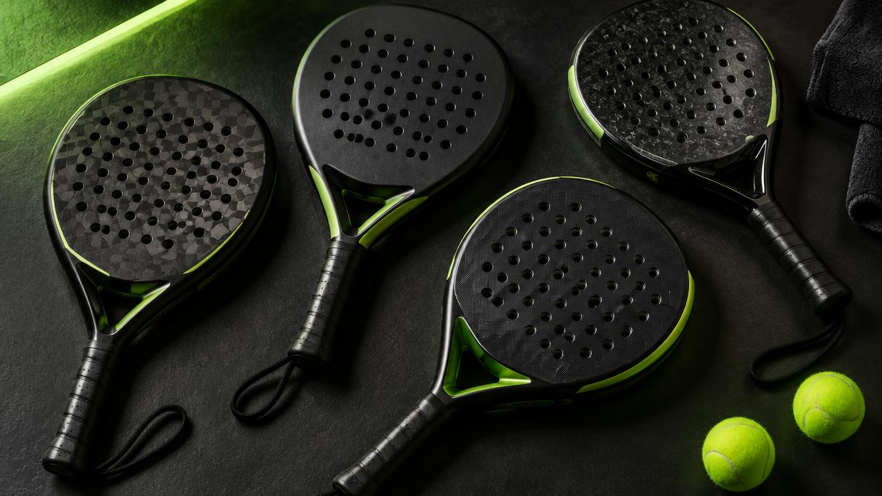 Mehrere Padel-Schläger und Bälle auf dunklem Untergrund von oben fotografiert