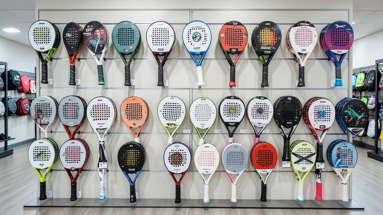 Viele verschiedene Padel-Schläger an einer Ladenwand
