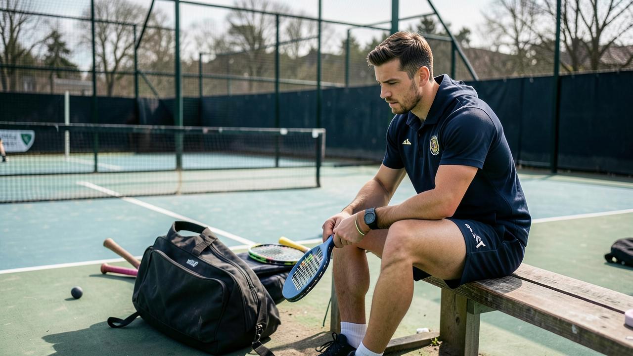 Padel-Spieler sitzt vor dem Match auf der Bank und prüft seinen Schläger