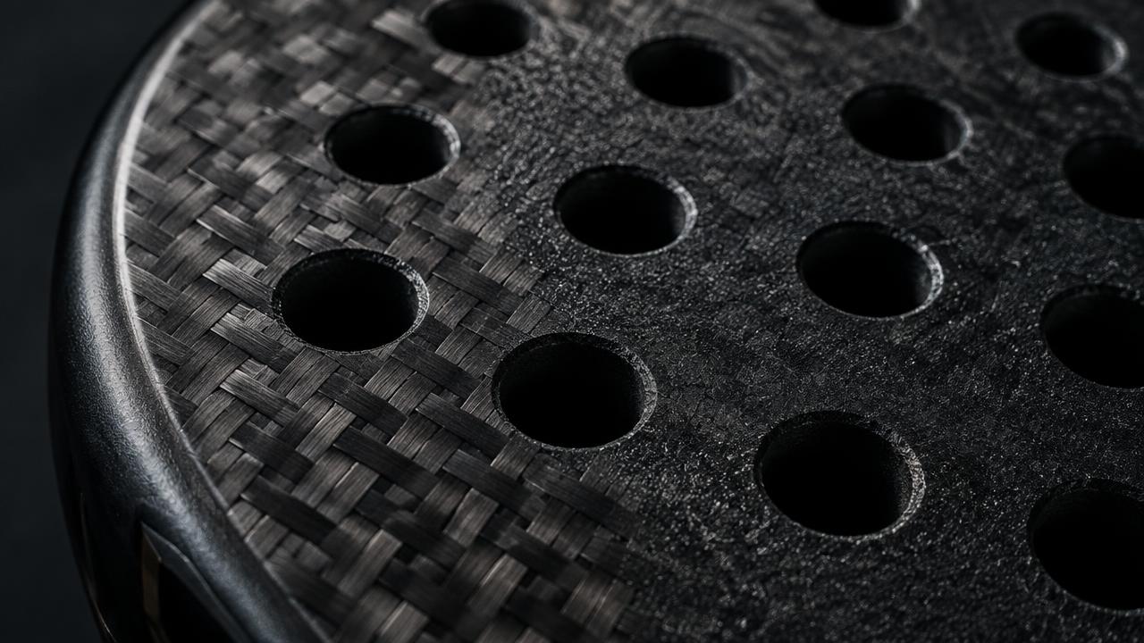 Nahaufnahme der Carbon-Schlagfläche eines Padel-Schlägers mit Löchern und rauer Struktur