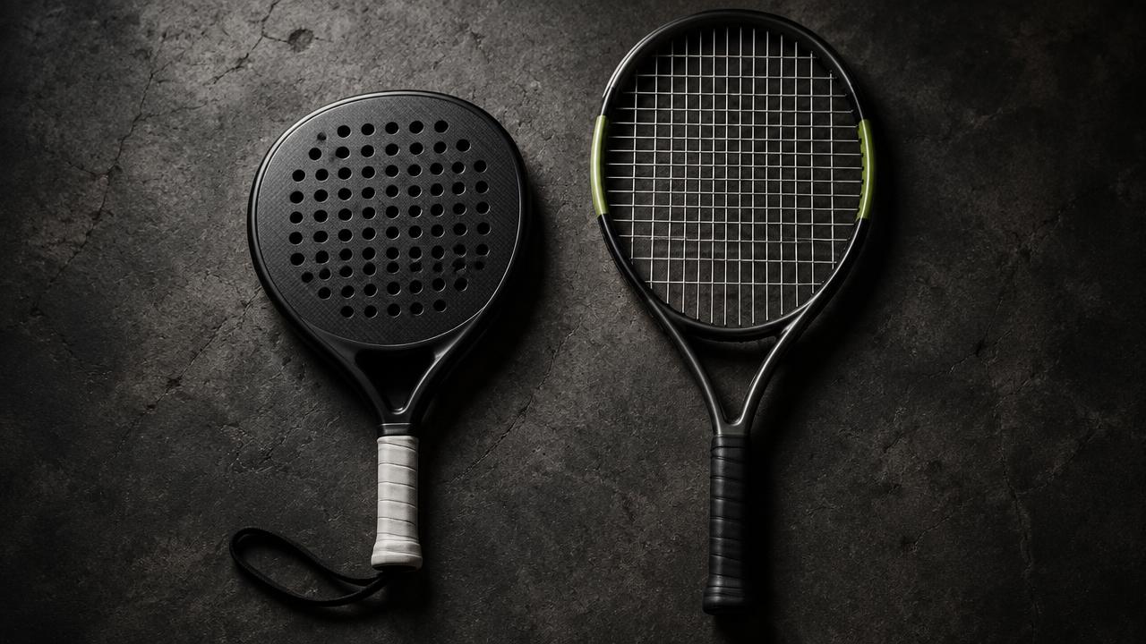 Padel-Schläger und Tennis-Schläger im direkten Größenvergleich nebeneinander