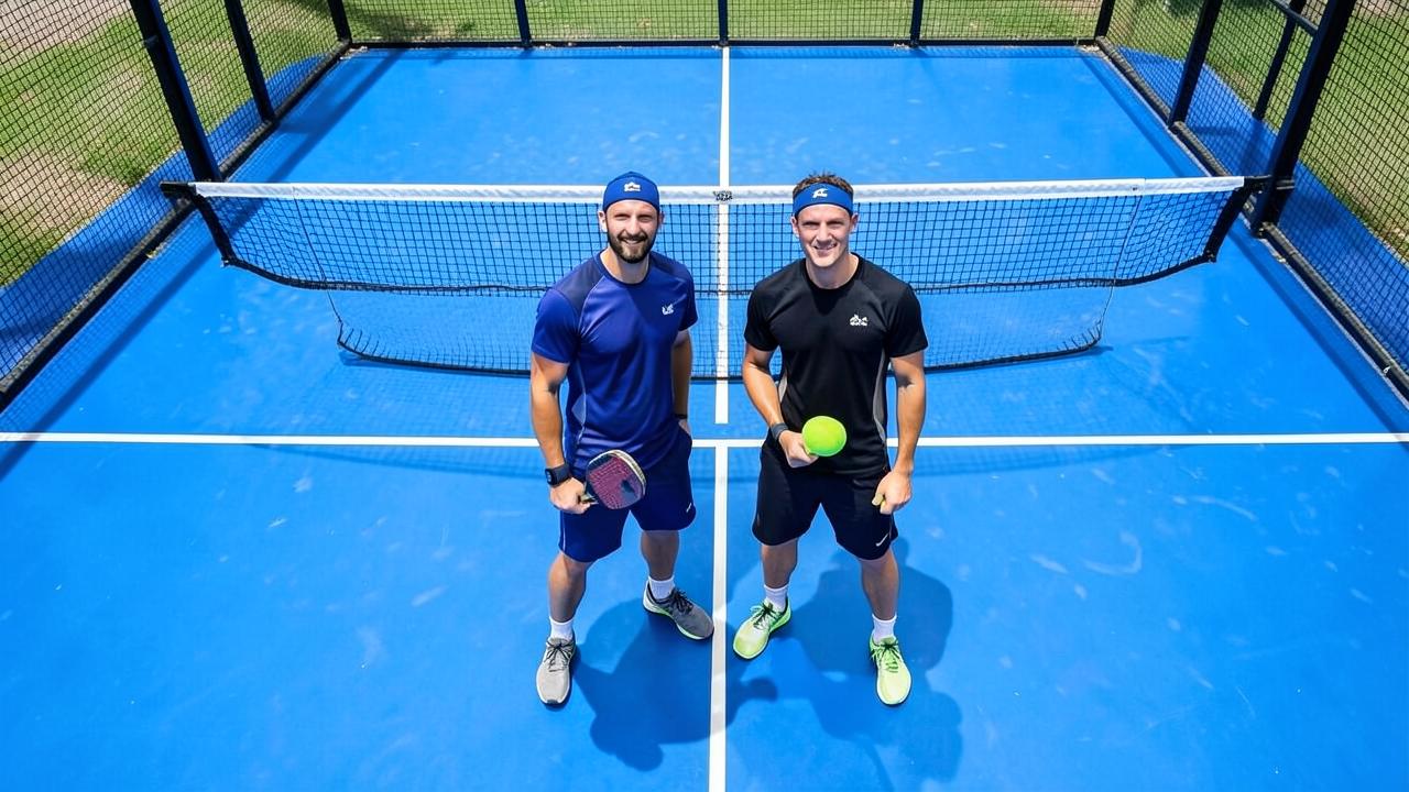 Padel-Doppel steht auf gleicher Höhe am Netz, von oben fotografiert