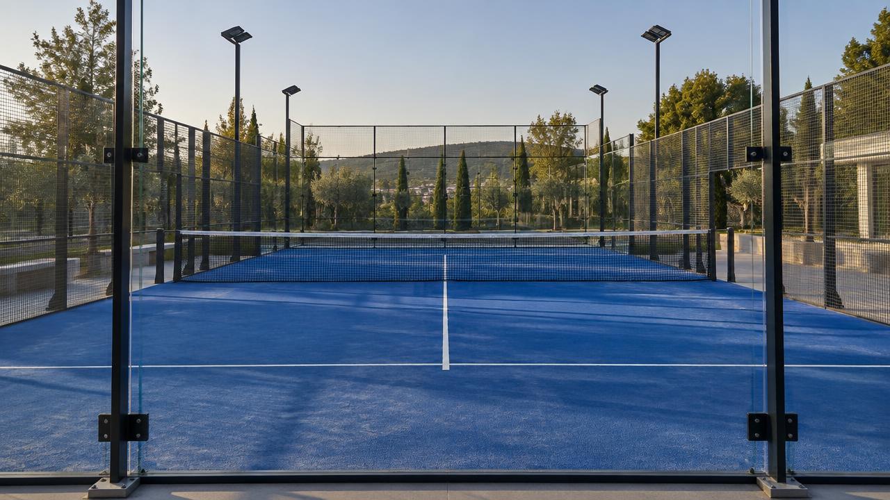 Blick durch die Glaswand auf einen leeren blauen Padel-Platz mit Netz und Linien