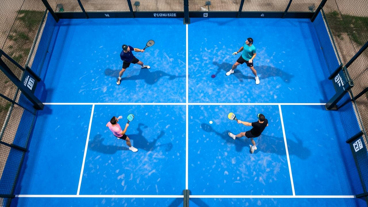 Padel-Doppel von oben fotografiert, alle vier Spieler in Position