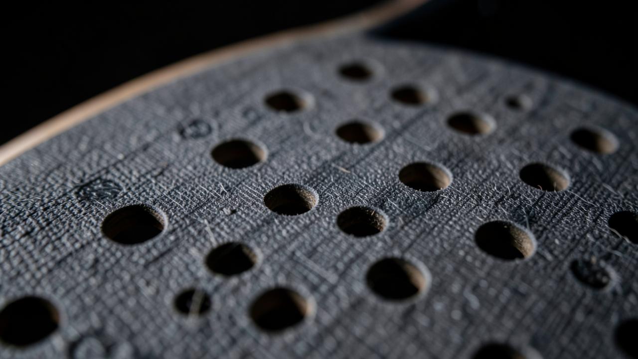Makroaufnahme der Carbonstruktur einer Padel-Schlagfläche mit Löchern