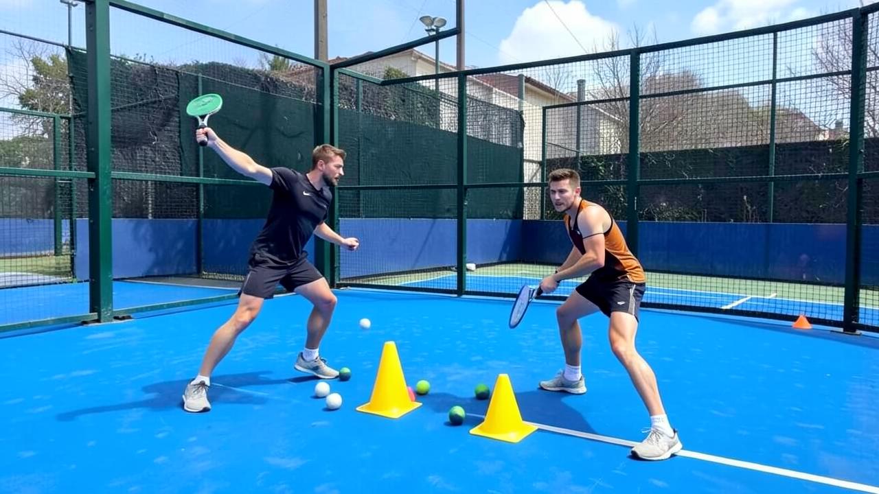 Zwei Padel-Spieler absolvieren eine Übung mit Hütchen und Bällen auf dem Court