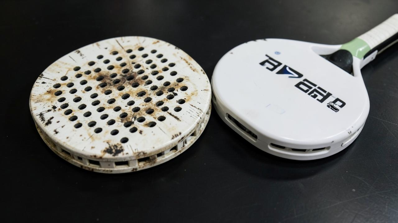 Abgespielter Padel-Schläger neben einem neuen Modell auf dunklem Untergrund