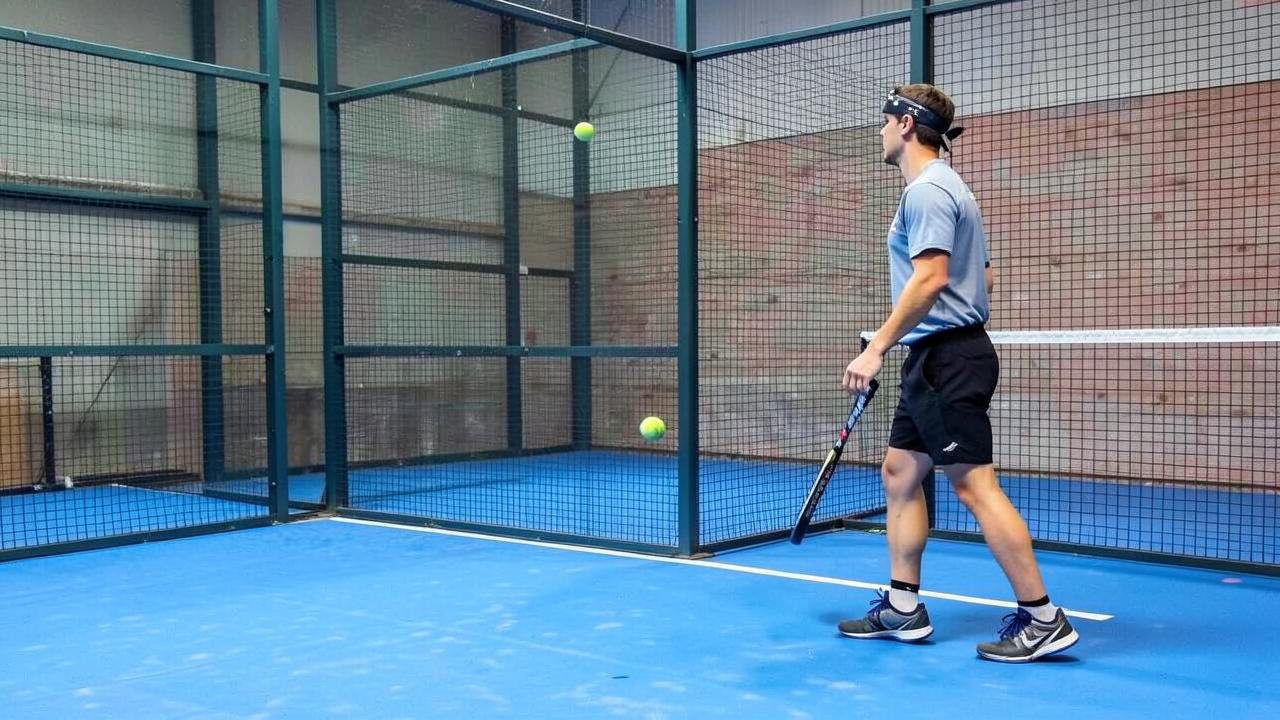 Padel-Spieler wartet mit Abstand zur Glaswand auf den zurückprallenden Ball